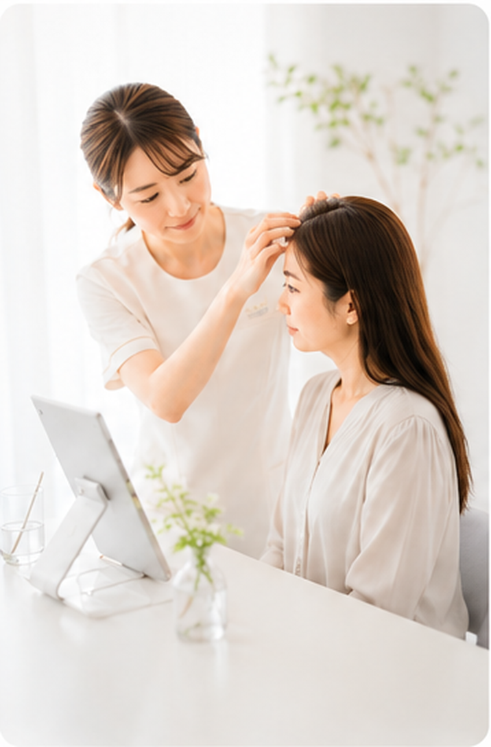 女性のお客様の髪と頭皮を確認するイメージ